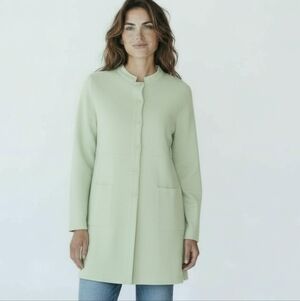 Eileen Fisher Green Tunic Long Blazer Jacket Knit Silk Blend Quiet Luxury Sz Mp